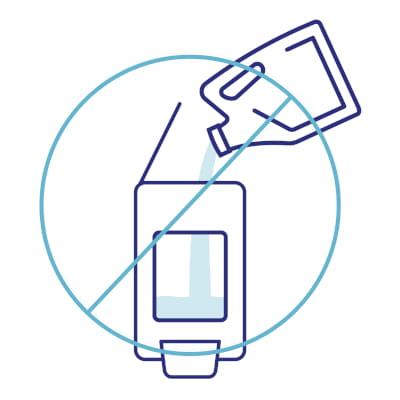 Graphic of a dispenser being refilled by pouring in hand sanitizer from a bottle